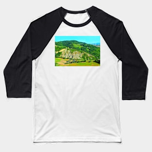 Scenery from Castignano with a hill of ravines and green colours, a valley and the Sibillini Baseball T-Shirt